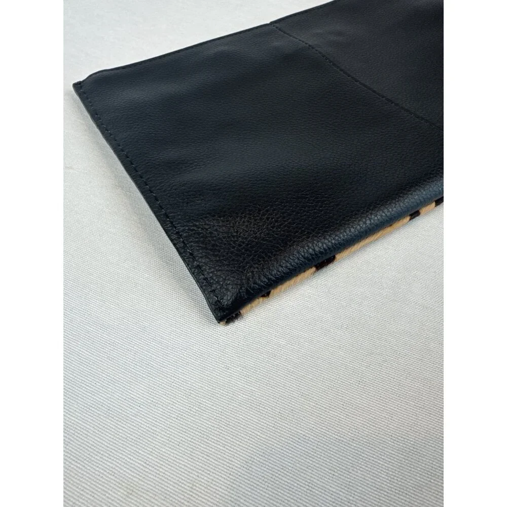 J Crew Black Leather Calf Hair Leopard Print Clutch Brass Accents Zipper - Picture 7 of 11